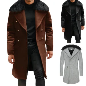 Men s Classic Double Breasted Trench Coat with Removable Fur Collar Mid-Length Wool Blend Overcoat for Winter Warmth