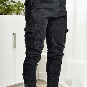 Men's workwear multi pocket jeans, casual street style straight leg denim pants