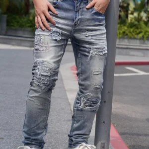 Worn Out And Tear Damaged Men's Jeans Fading And Retro Style Suitable For Summer New Arrivals Promotion With Free Shipping