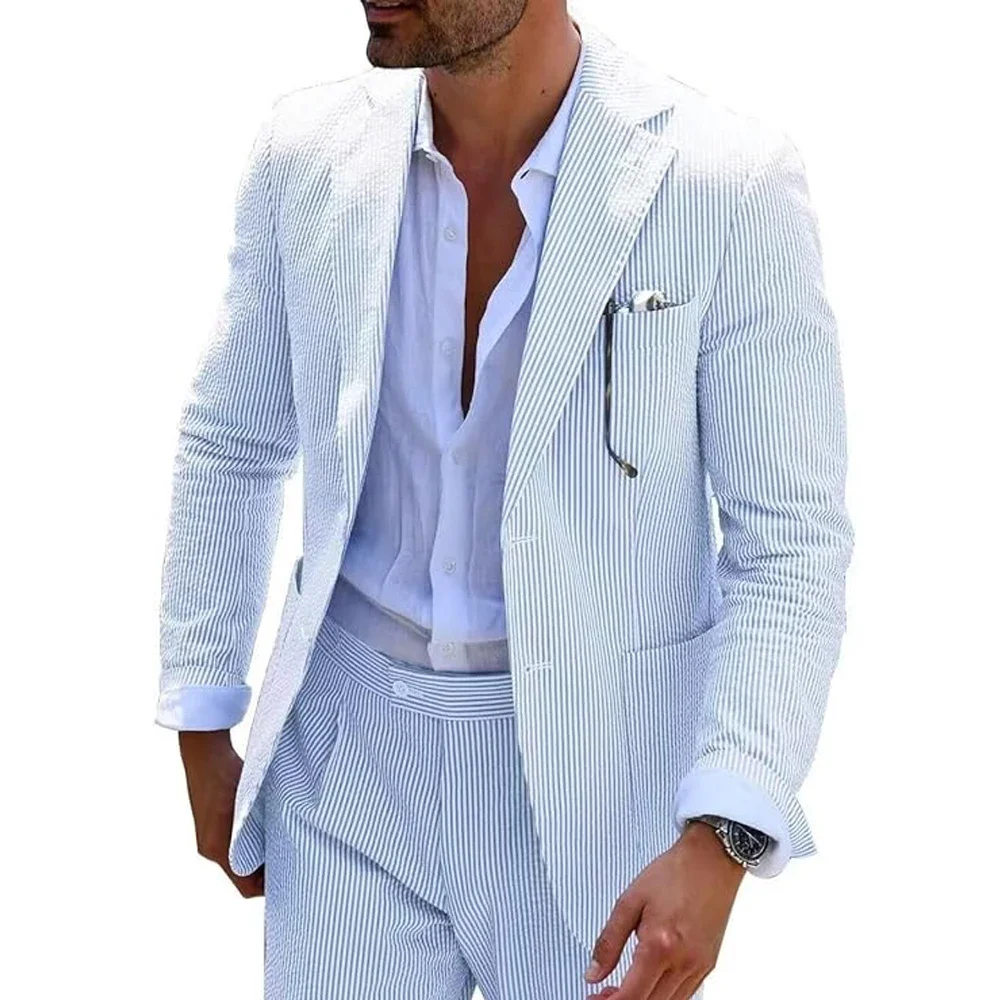 Summer Stripe Men Suits 2 Pieces Seersucker Notched Lapel Wedding Party Suit Jacket Pants Casual Blazer Slim Fit Suits for Men - Image 5