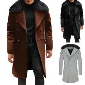 Mens Double Breasted Trench Coats Winter Male Mid-Length Fur Collar Lapel V Neck Long Sleeve Warm Wool Blend Winter Overcoats