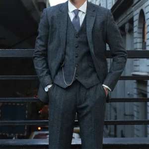 Retro British Yuppie Gentleman's Peaky Blinders Style Wool Tweed Herringbone Slim-Fit Suit Three-Piece Suit