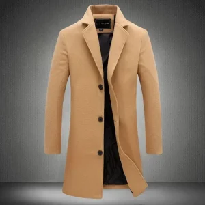 Mens Korean Style Wool Blend Trench Coat 2026 Slim Mid Length Winter Overcoat