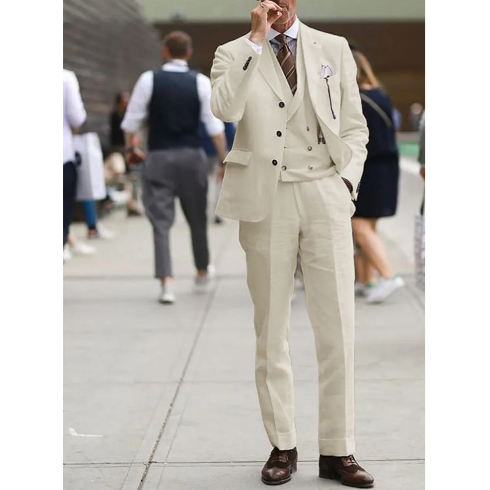 Men's Three-piece Suit Summer Linen Thin Single-breasted Elegant Fashion Suit Collar Casual Slim Suit Comfortable Groomsmen Suit