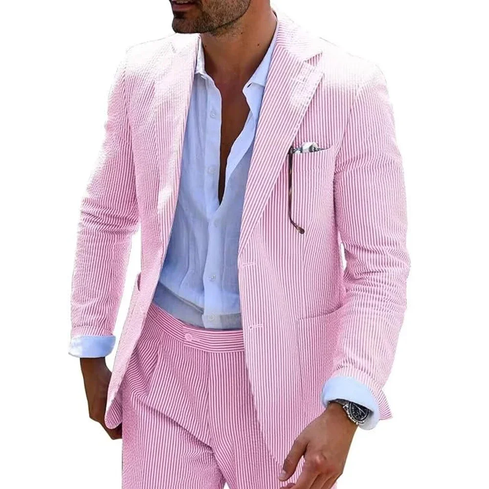 Summer Stripe Men Suits 2 Pieces Seersucker Notched Lapel Wedding Party Suit Jacket Pants Casual Blazer Slim Fit Suits for Men - Image 3