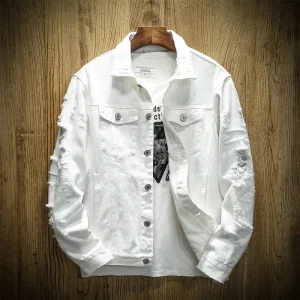 Autumn New Men's Jean Jacket Slim Fit Cotton Denim Jacket Red White Black Ripped Hole Jean Coats Men Outwear Plus Size