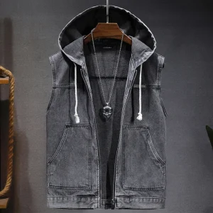 New Men's Loose Workwear Denim Vest with Hood Sleeveless Everyday Versatile Shoulder Pad Jacket Casual Unisex Outerwear
