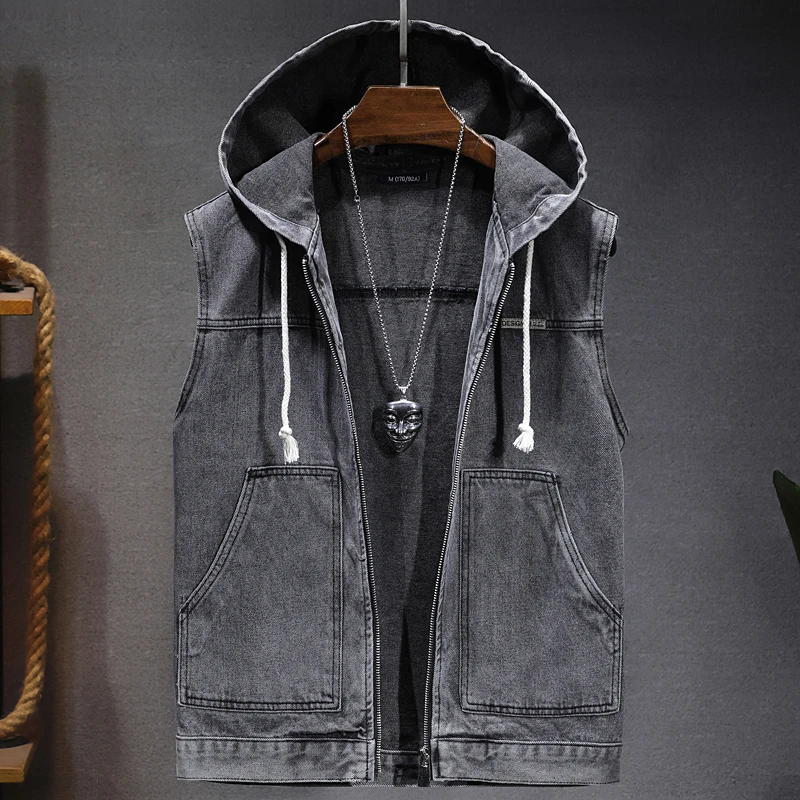 New Men's Loose Workwear Denim Vest with Hood Sleeveless Everyday Versatile Shoulder Pad Jacket Casual Unisex Outerwear