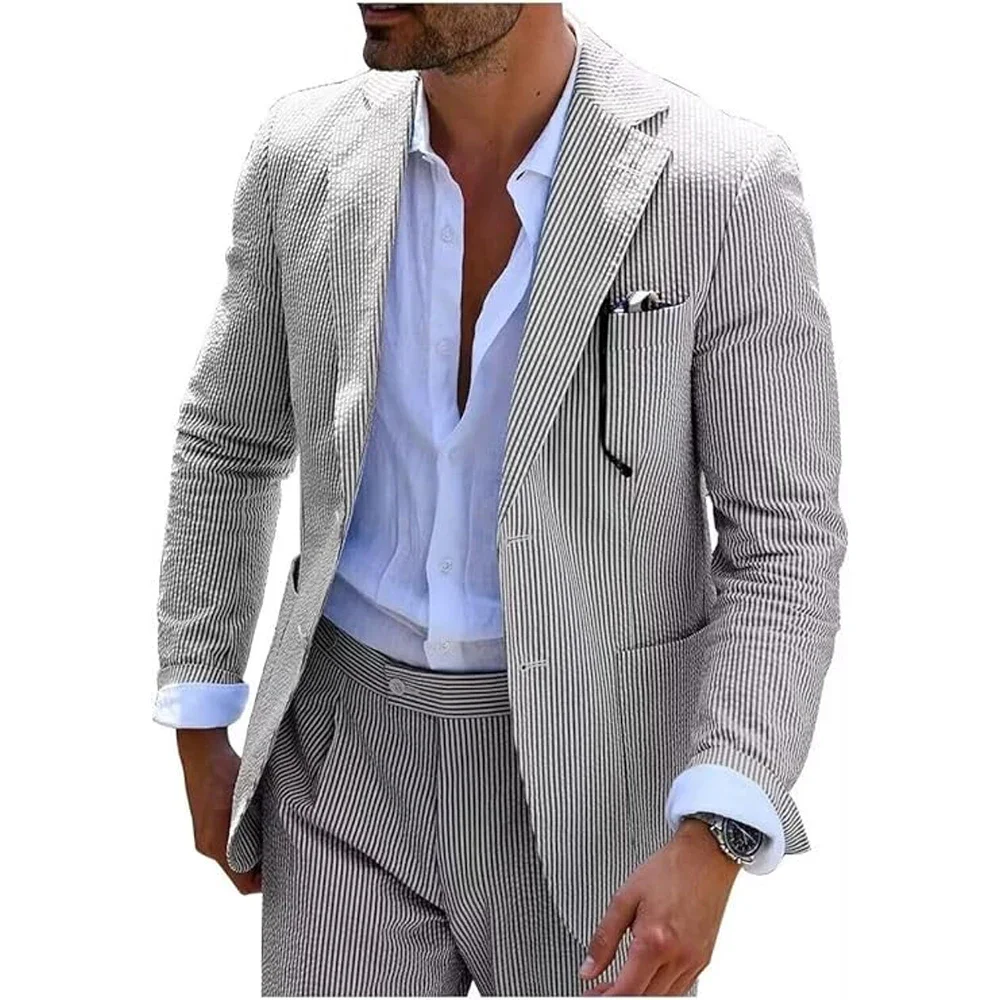 Summer Stripe Men Suits 2 Pieces Seersucker Notched Lapel Wedding Party Suit Jacket Pants Casual Blazer Slim Fit Suits for Men - Image 2