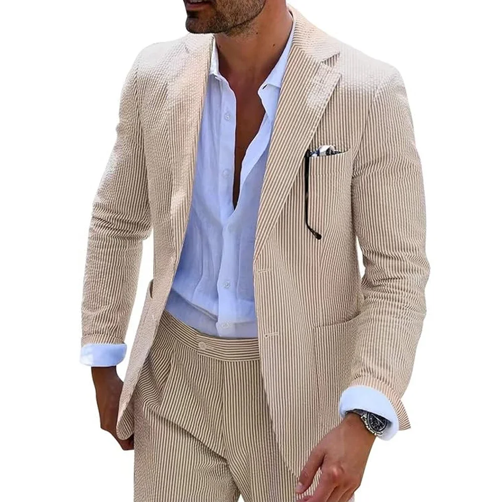 Summer Stripe Men Suits 2 Pieces Seersucker Notched Lapel Wedding Party Suit Jacket Pants Casual Blazer Slim Fit Suits for Men - Image 4