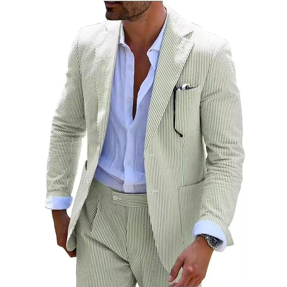 Summer Stripe Men Suits 2 Pieces Seersucker Notched Lapel Wedding Party Suit Jacket Pants Casual Blazer Slim Fit Suits for Men - Image 6